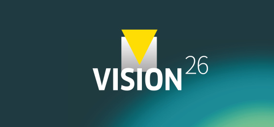 蓝绿色背景上印有VISION26字样的图形。