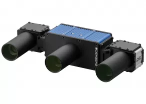 蓝色和黑色Ensenso X 3D相机的前视图，每侧都装有一台IDS工业相机和镜头