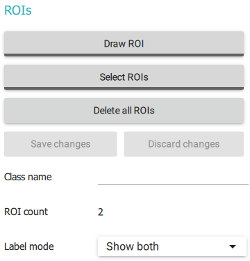 带有各种选项的 ROI 管理器截图： 绘制 ROI、选择 ROI、删除所有 ROI、保存更改、放弃更改、类别名称、ROI 数量、标签模式
