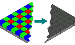 在未进行RGB补强的校正时， 可以看到拜尔矩阵的影响
