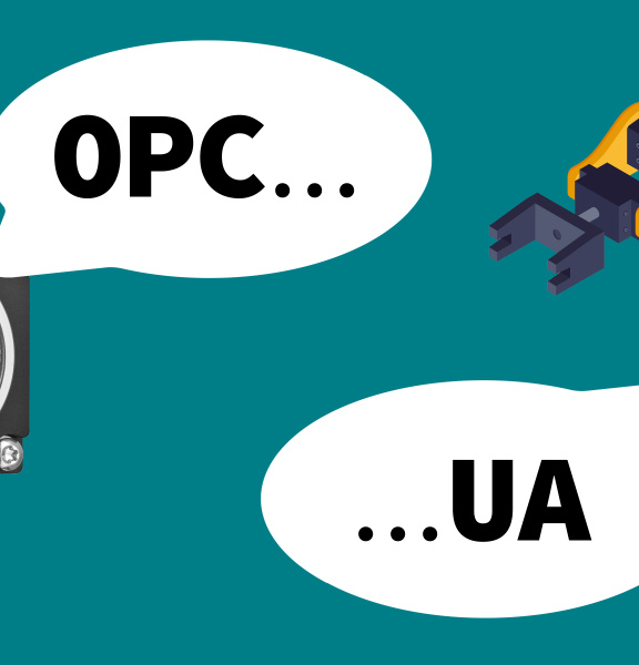 uEye 摄像机和机器人（各自被截断）在关于 OPC UA 的语音气泡中相互对话
