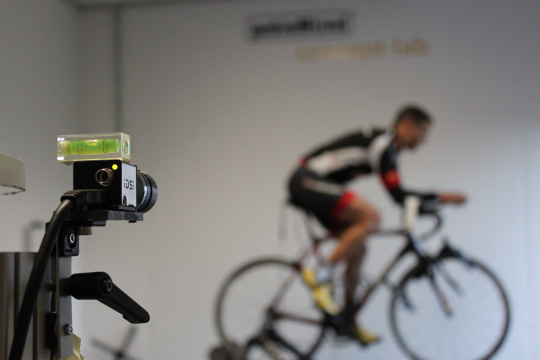 There is a spirit level on a uEye camera. The camera observes a cyclist