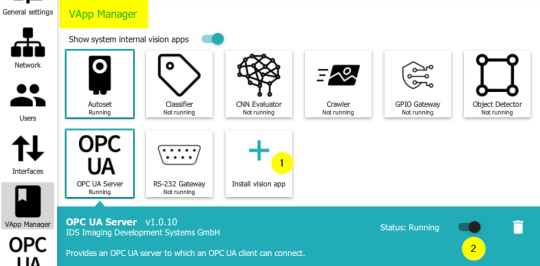 启动 OPC UA 服务器的各个步骤在 VApp 管理器中用数字标出。