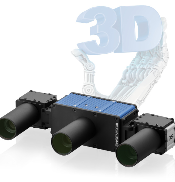 Ensenso X 系列相机和背景中手持 “3D ”标志的机械手