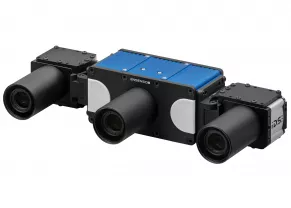 蓝色和黑色Ensenso XR 3D相机的前视图，每侧都装有一台IDS工业相机和镜头