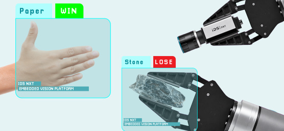 人类的手和机器人手臂做出手势，IDS NXT 相机进行分析。