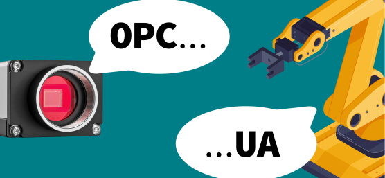 uEye 摄像机和机器人（各自被截断）在关于 OPC UA 的语音气泡中相互对话