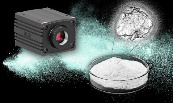 uEye Warp10 置于装有极细粒度材料样品和颗粒点云的培养皿旁