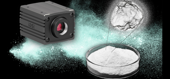 uEye Warp10 置于装有极细粒度材料样品和颗粒点云的培养皿旁