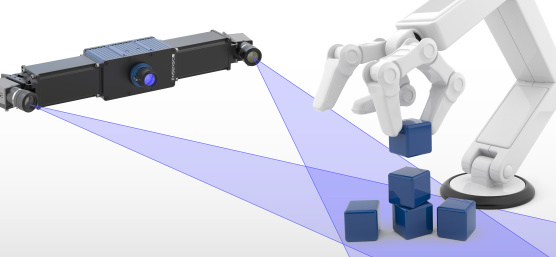 机械臂堆叠箱子和 Ensenso 3D 相机的示意图。