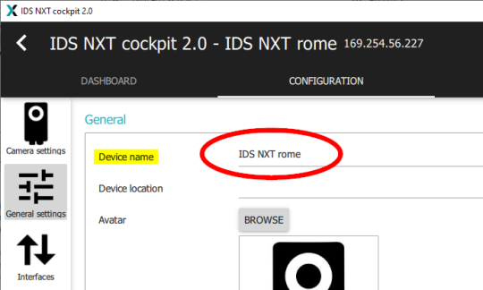 在 Generel 设置中，设备名称 IDS NXT rome 用红色圈起来。