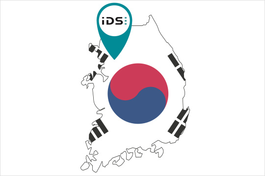 标有 IDS 首尔办事处的韩国国色地图